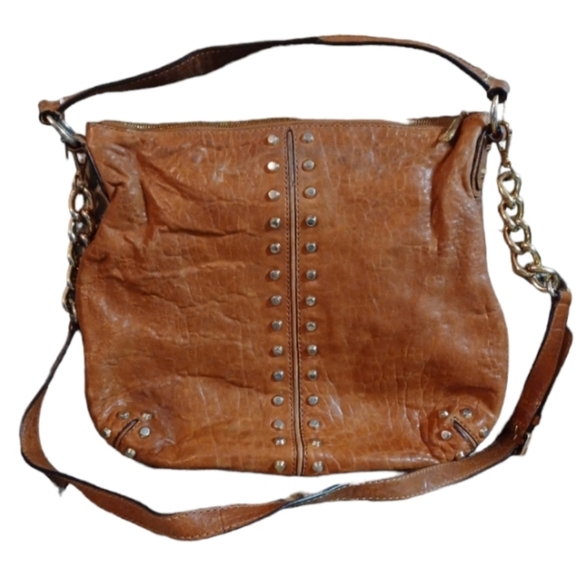 MICHAEL KORS Uptown Astor Tote Studded Cognac Brown Leather Large Hobo Bag 13" - Picture 1 of 16